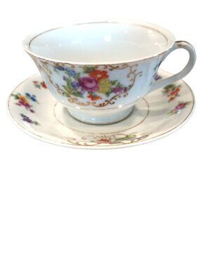 Vintage Japan Floral Tea Cup and Saucer Set Porcelain Gold Trim Hand Painted